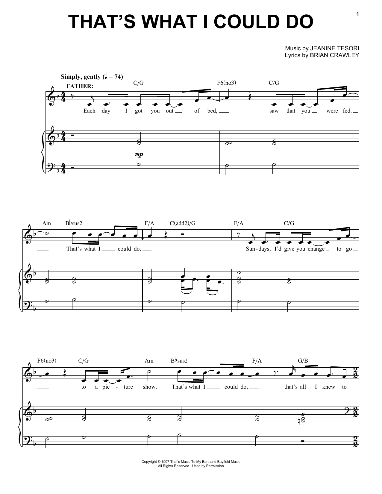 Download Jeanine Tesori That's What I Could Do Sheet Music and learn how to play Piano & Vocal PDF digital score in minutes