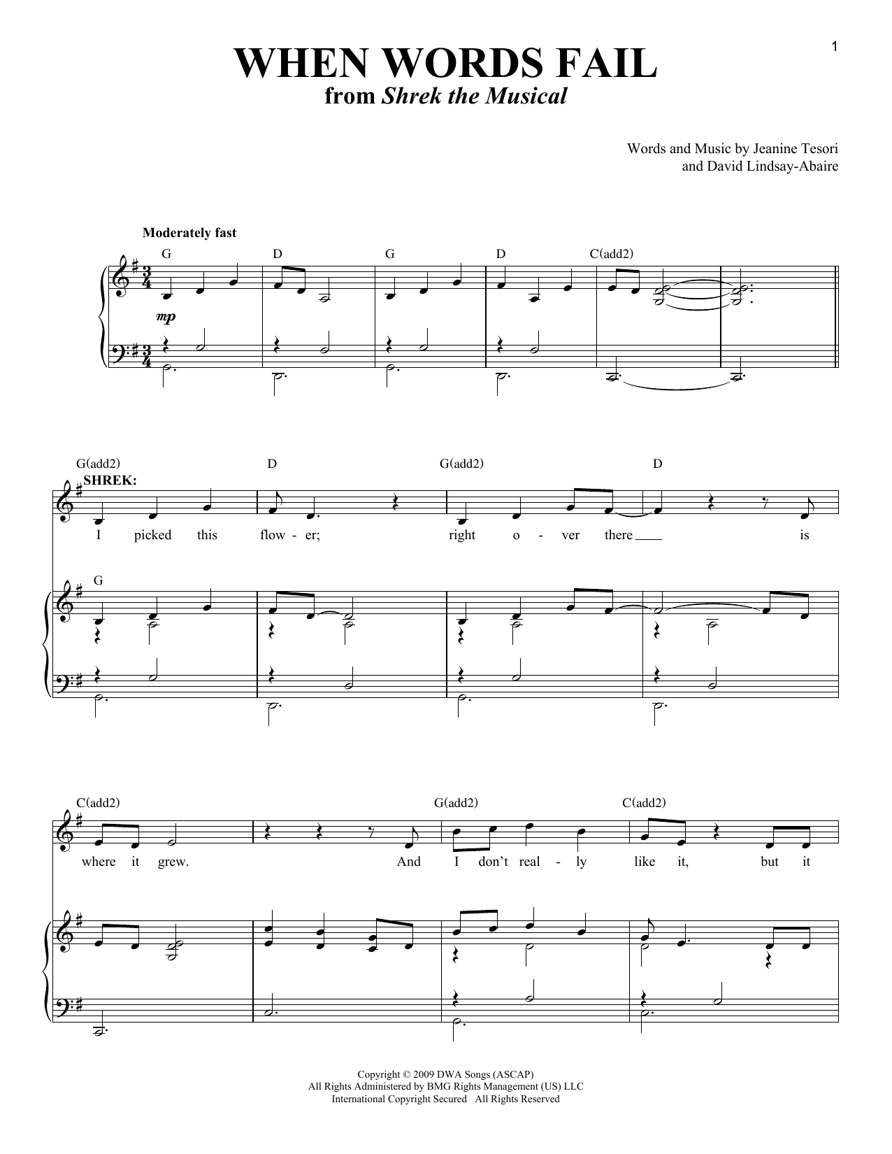 Download Jeanine Tesori When Words Fail (from 'Shrek The Musical') Sheet Music and learn how to play Piano & Vocal PDF digital score in minutes