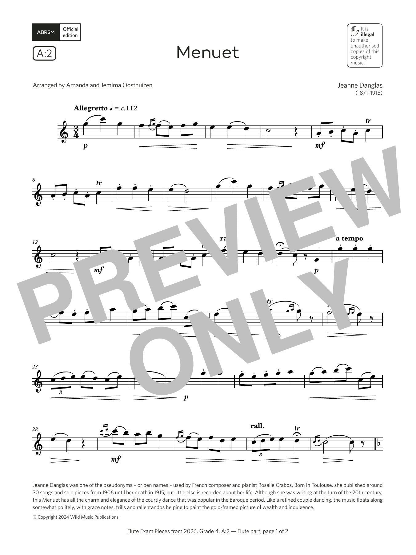 Download Jeanne Danglas Menuet (Grade 4, list A2, from the ABRSM Flute Syllabus from 2026) Sheet Music and learn how to play Flute Solo PDF digital score in minutes