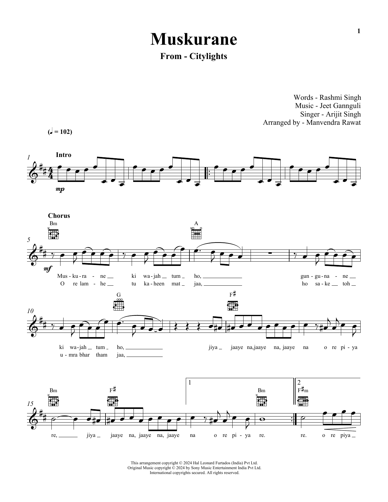 Download Jeet Gannguli and Arijit Singh Muskurane (from Citylights) Sheet Music and learn how to play Lead Sheet / Fake Book PDF digital score in minutes