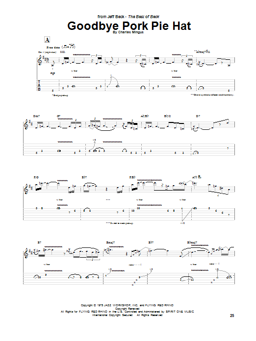 Download Jeff Beck Goodbye Pork Pie Hat Sheet Music and learn how to play Guitar Tab PDF digital score in minutes
