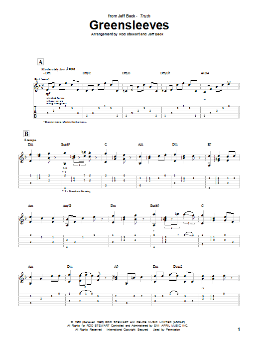 Download Jeff Beck Greensleeves Sheet Music and learn how to play Guitar Lead Sheet PDF digital score in minutes