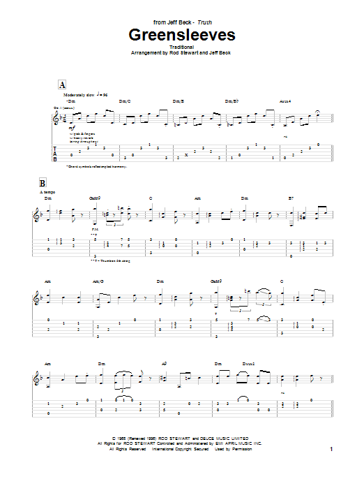 Download Jeff Beck Group Greensleeves Sheet Music and learn how to play Guitar Tab PDF digital score in minutes