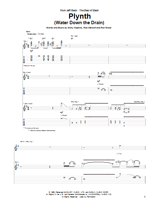 Download Jeff Beck Plynth (Water Down The Drain) Sheet Music and learn how to play Guitar Tab PDF digital score in minutes