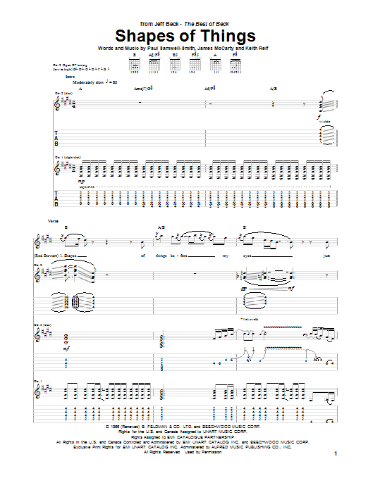 Download Jeff Beck Shapes Of Things Sheet Music and learn how to play Guitar Tab PDF digital score in minutes