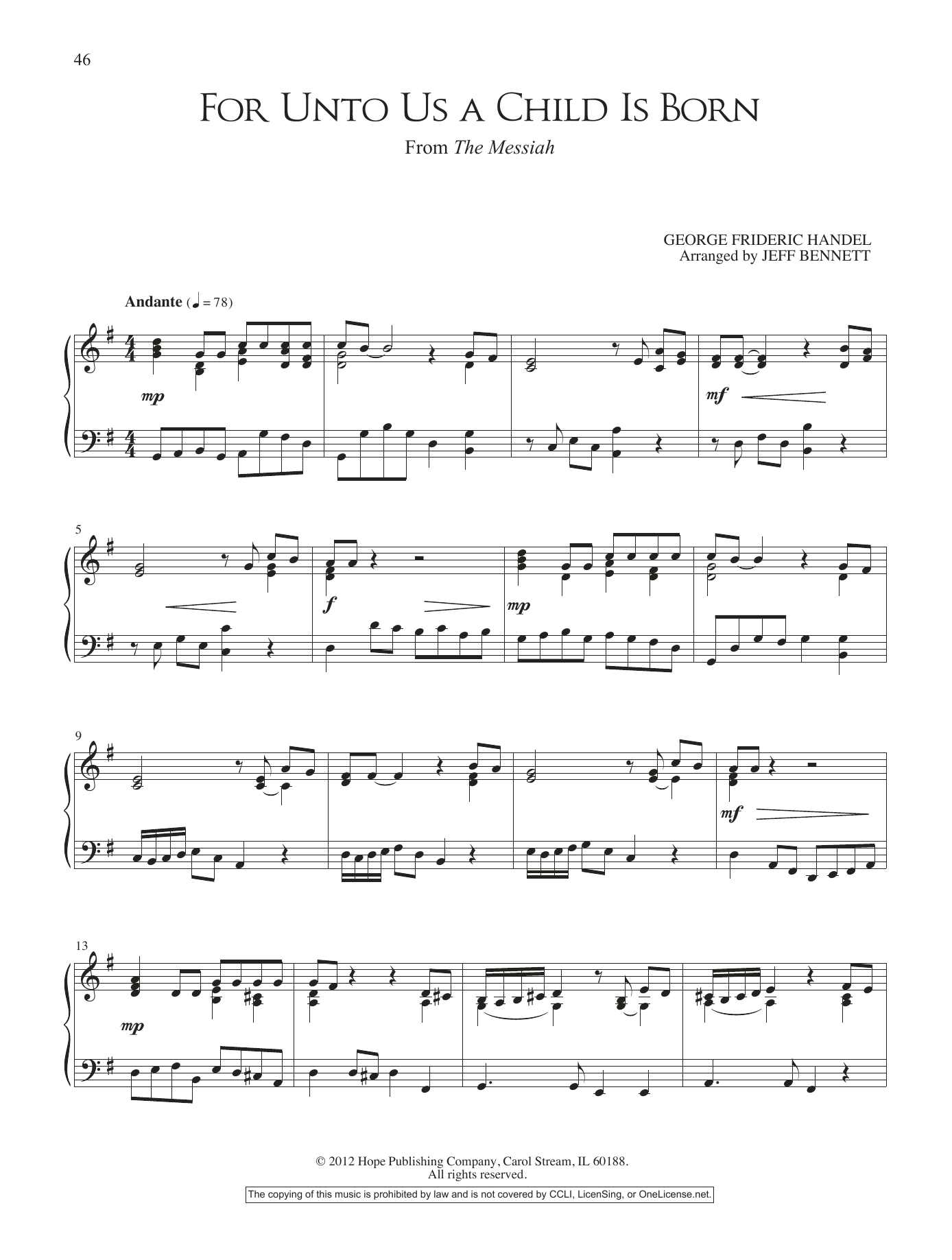 Download Jeff Bennett For Unto Us A Child is Born (from The Messiah) Sheet Music and learn how to play Piano Solo PDF digital score in minutes