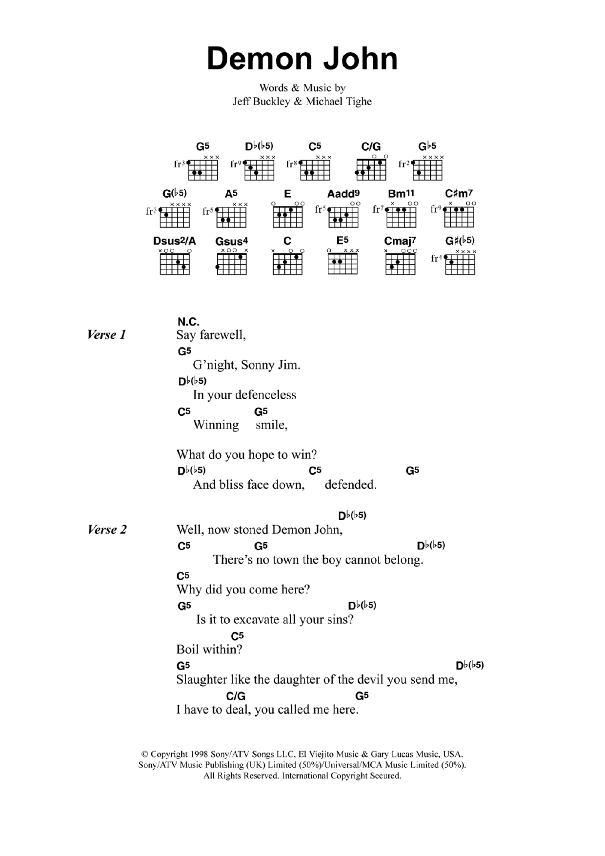 Download Jeff Buckley Demon John Sheet Music and learn how to play Guitar Chords/Lyrics PDF digital score in minutes