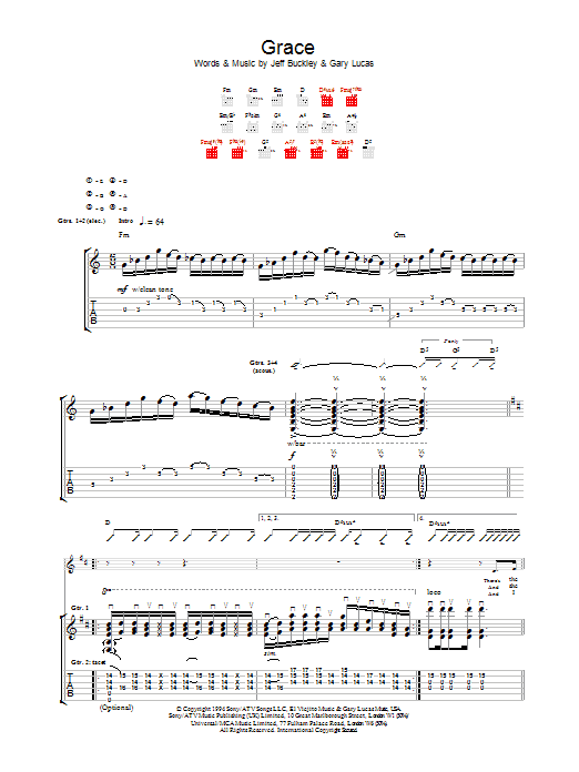 Download Jeff Buckley Grace Sheet Music and learn how to play Piano, Vocal & Guitar (Right-Hand Melody) PDF digital score in minutes