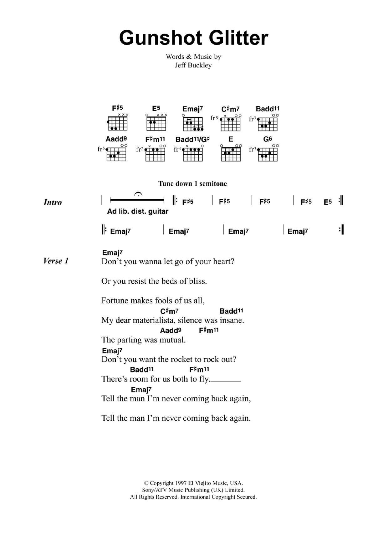 Download Jeff Buckley Gunshot Glitter Sheet Music and learn how to play Guitar Chords/Lyrics PDF digital score in minutes