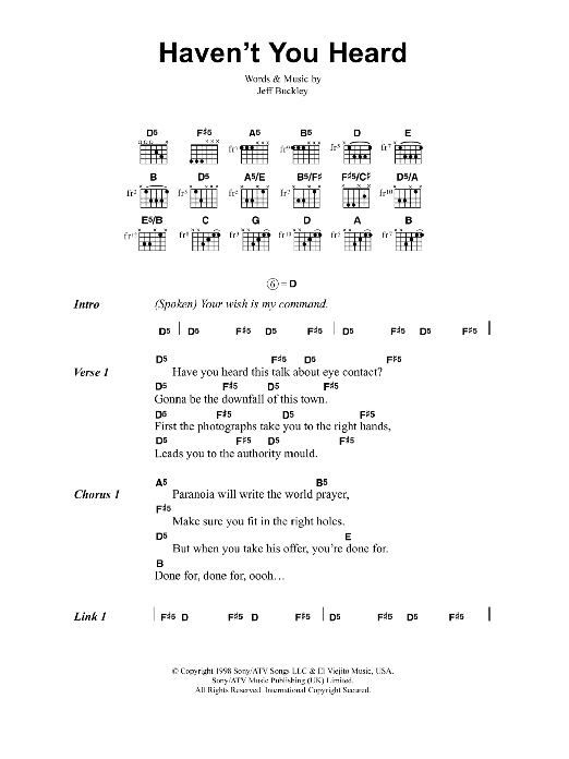 Download Jeff Buckley Haven't You Heard Sheet Music and learn how to play Lyrics & Chords PDF digital score in minutes