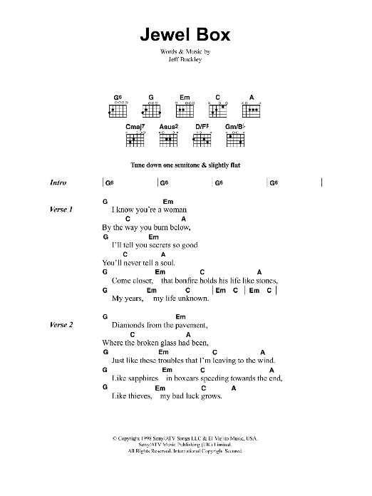 Download Jeff Buckley Jewel Box Sheet Music and learn how to play Lyrics & Chords PDF digital score in minutes