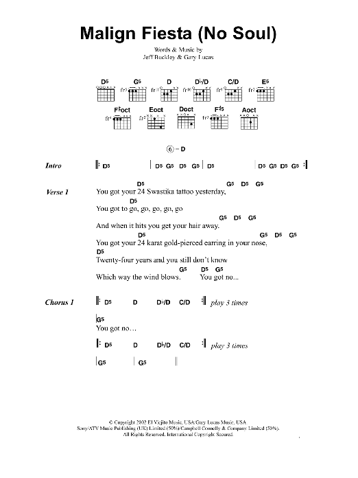 Download Jeff Buckley Malign Fiesta (No Soul) Sheet Music and learn how to play Lyrics & Chords PDF digital score in minutes