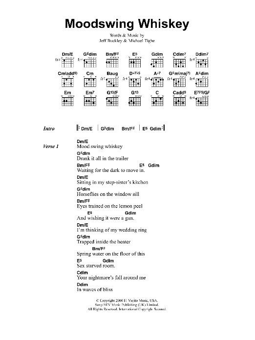 Download Jeff Buckley Moodswing Whiskey Sheet Music and learn how to play Lyrics & Chords PDF digital score in minutes