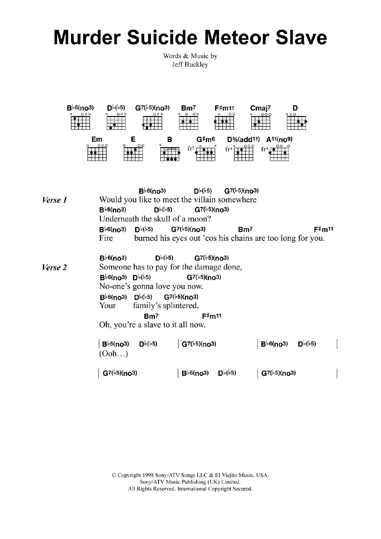 Download Jeff Buckley Murder Suicide Meteor Slave Sheet Music and learn how to play Guitar Chords/Lyrics PDF digital score in minutes