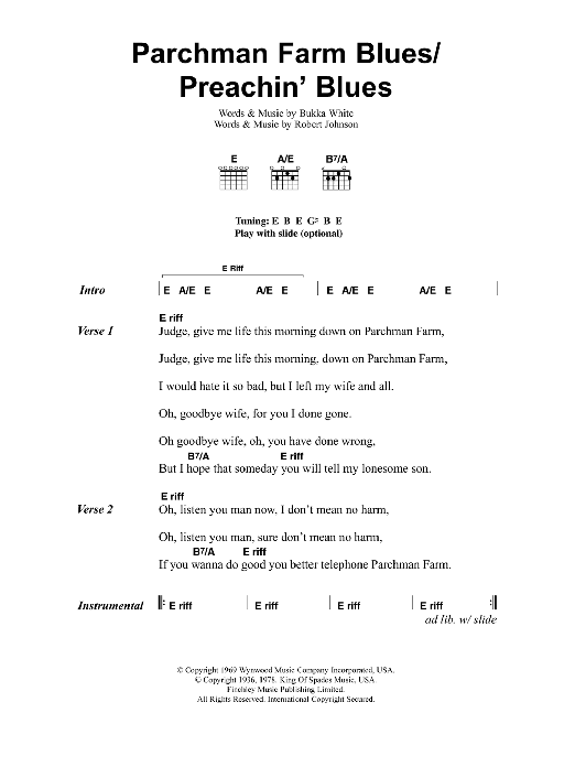 Download Jeff Buckley Parchman Farm Blues/Preachin' Blues Sheet Music and learn how to play Lyrics & Chords PDF digital score in minutes