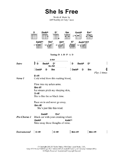 Download Jeff Buckley She Is Free Sheet Music and learn how to play Lyrics & Chords PDF digital score in minutes