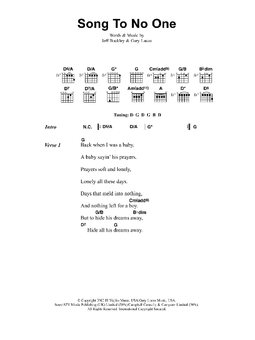 Download Jeff Buckley Song To No One Sheet Music and learn how to play Lyrics & Chords PDF digital score in minutes