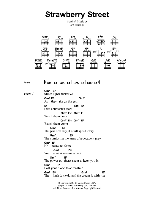 Download Jeff Buckley Strawberry Street Sheet Music and learn how to play Lyrics & Chords PDF digital score in minutes