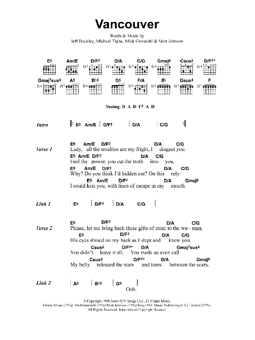 Download Jeff Buckley Vancouver Sheet Music and learn how to play Lyrics & Chords PDF digital score in minutes