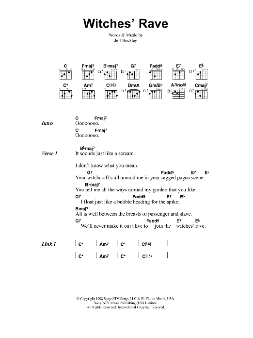 Download Jeff Buckley Witches' Rave Sheet Music and learn how to play Lyrics & Chords PDF digital score in minutes