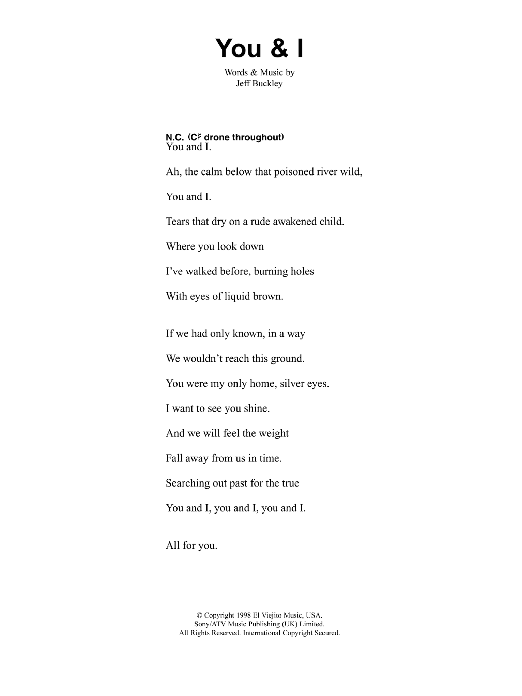Download Jeff Buckley You And I Sheet Music and learn how to play Lyrics & Chords PDF digital score in minutes