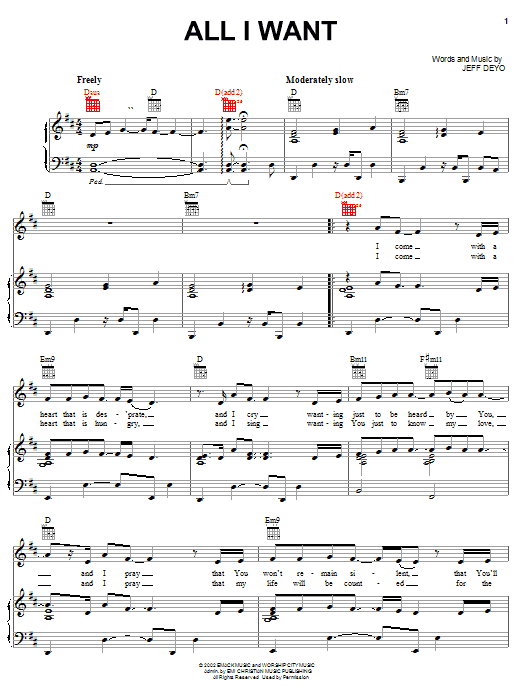 Download Jeff Deyo All I Want Sheet Music and learn how to play Piano, Vocal & Guitar (Right-Hand Melody) PDF digital score in minutes