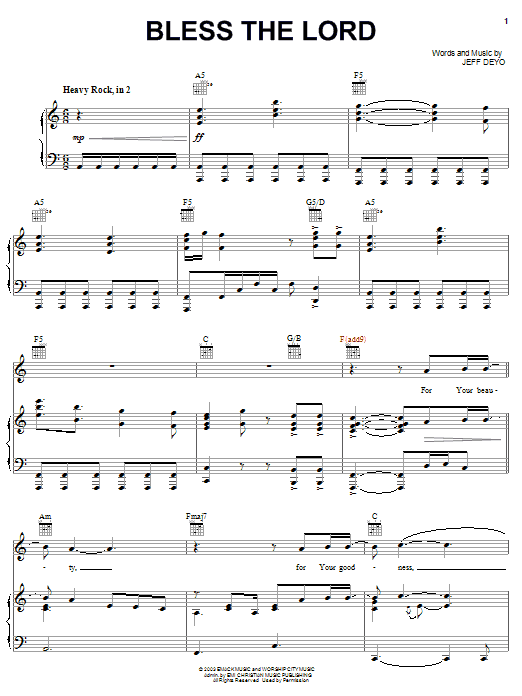 Download Jeff Deyo Bless The Lord Sheet Music and learn how to play Piano, Vocal & Guitar (Right-Hand Melody) PDF digital score in minutes