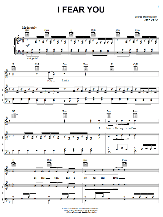 Download Jeff Deyo I Fear You Sheet Music and learn how to play Piano, Vocal & Guitar (Right-Hand Melody) PDF digital score in minutes