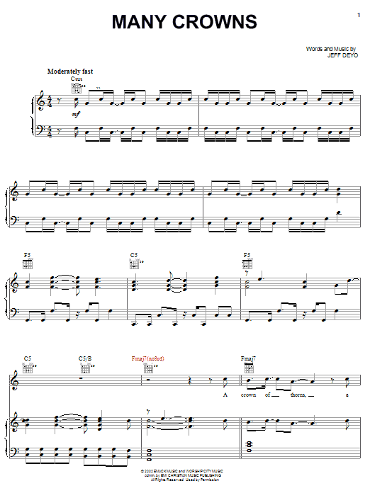 Download Jeff Deyo Many Crowns Sheet Music and learn how to play Piano, Vocal & Guitar (Right-Hand Melody) PDF digital score in minutes