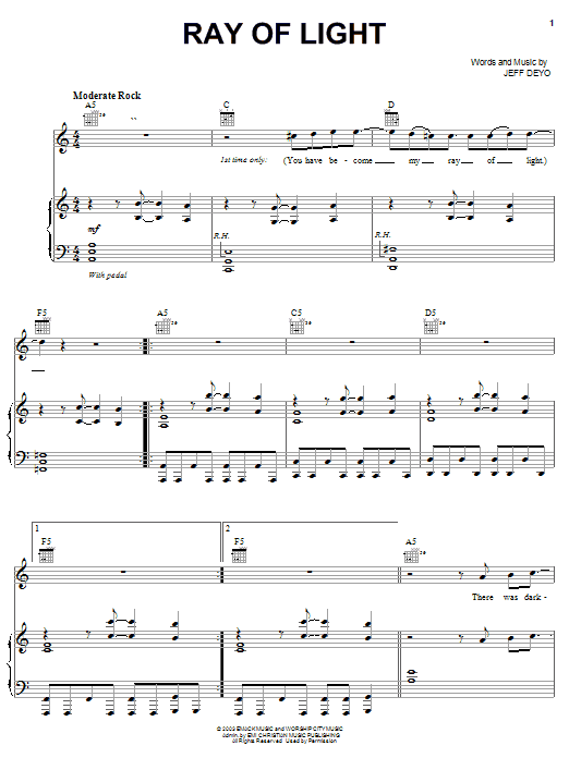 Download Jeff Deyo Ray Of Light Sheet Music and learn how to play Piano, Vocal & Guitar (Right-Hand Melody) PDF digital score in minutes