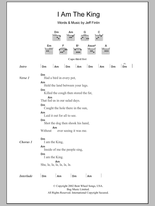 Download Jeff Finlin I Am The King Sheet Music and learn how to play Lyrics & Chords PDF digital score in minutes