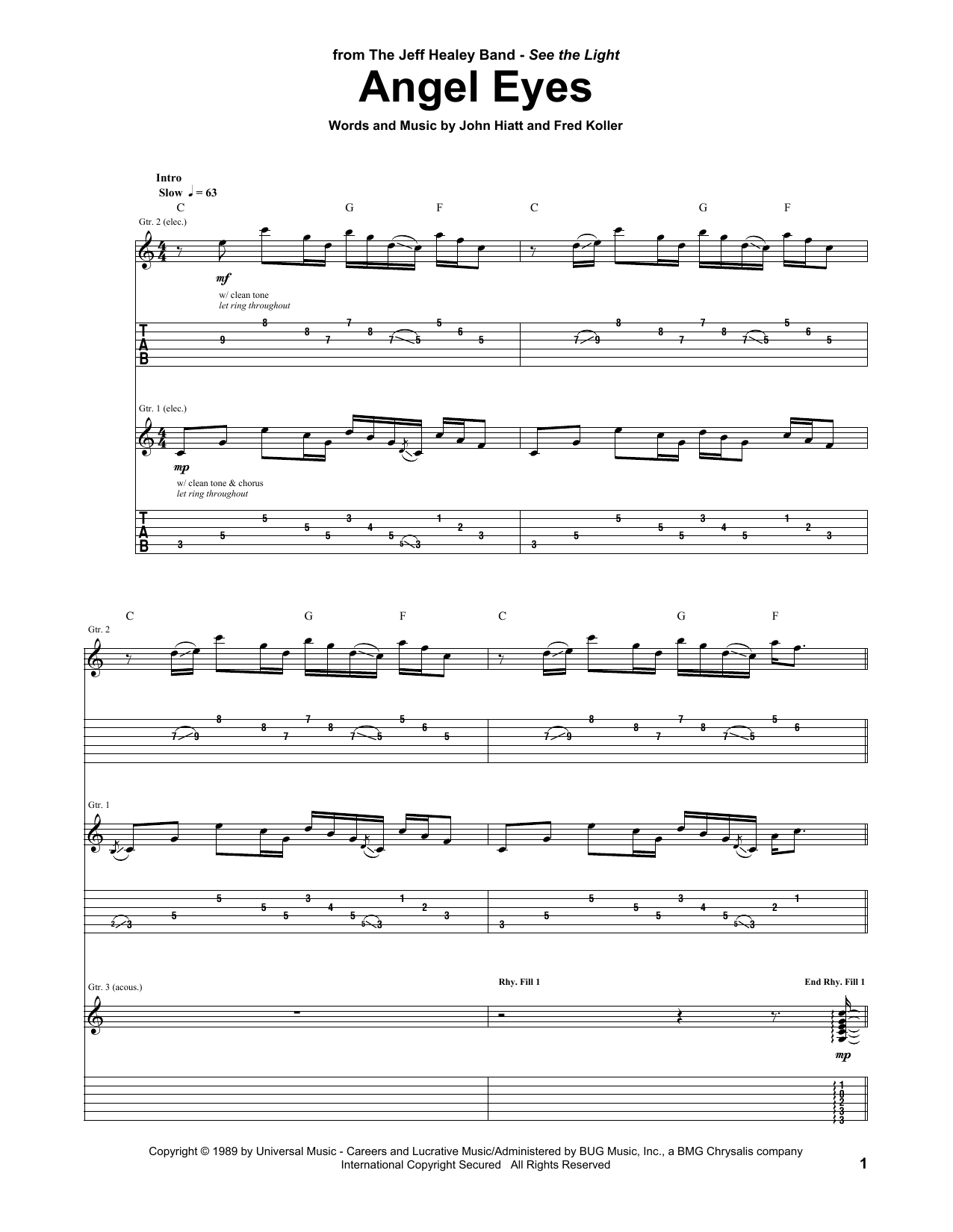 Download Jeff Healey Band Angel Eyes Sheet Music and learn how to play Guitar Tab PDF digital score in minutes