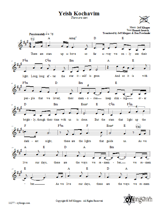 Download Jeff Klepper Yeish Kochavim (There Are Stars) Sheet Music and learn how to play Melody Line, Lyrics & Chords PDF digital score in minutes