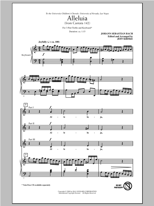 Download J.S. Bach Alleluia From Cantata 142 (arr. Jeff Kriske) Sheet Music and learn how to play 3-Part Treble PDF digital score in minutes