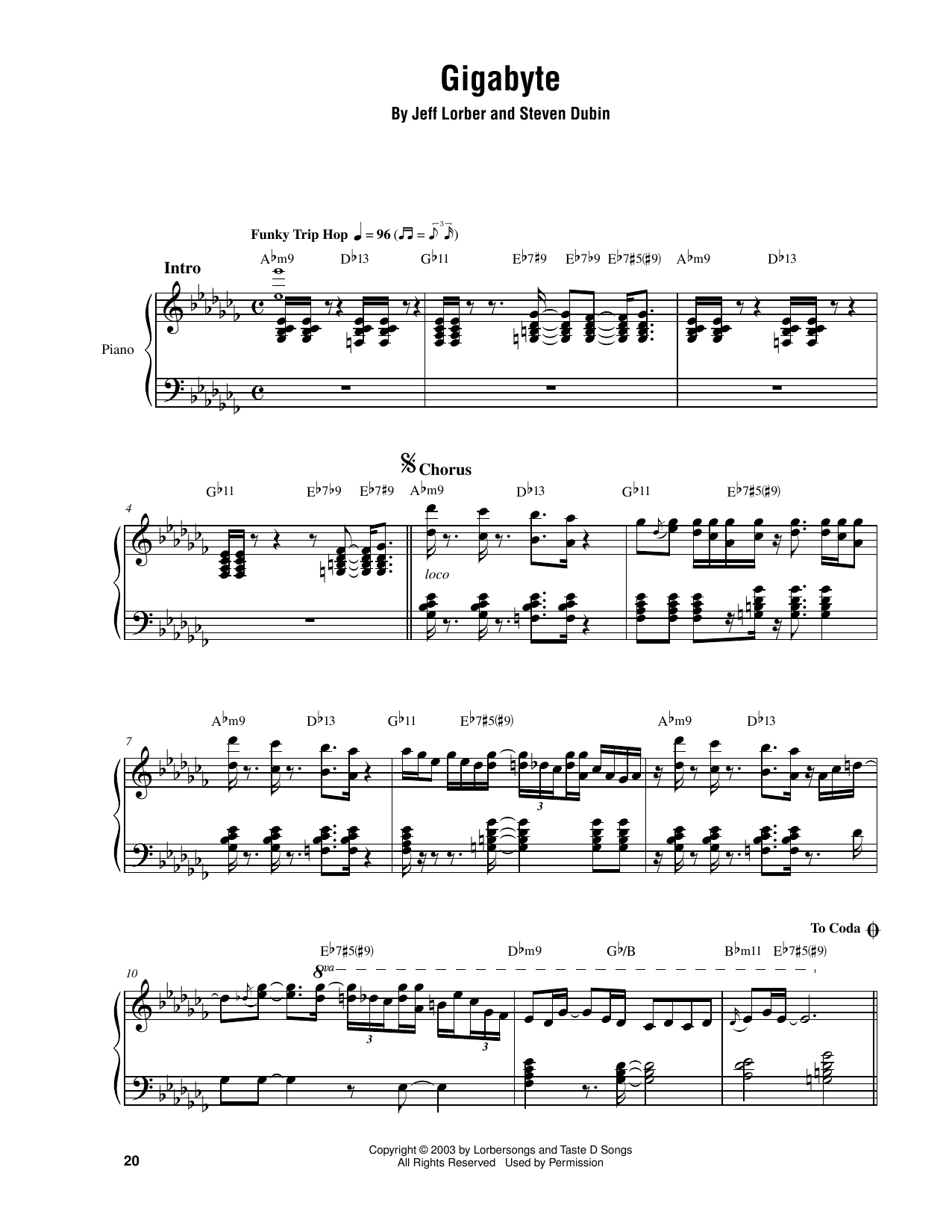 Download Jeff Lorber Gigabyte Sheet Music and learn how to play Piano Transcription PDF digital score in minutes