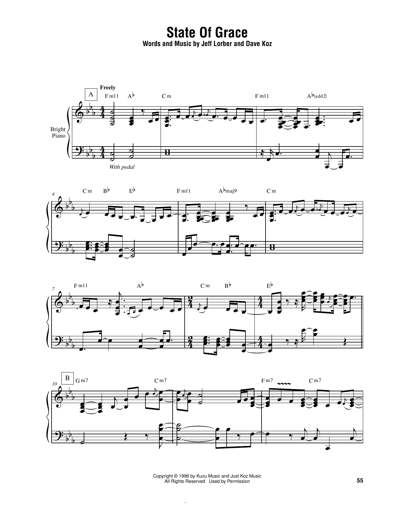 Download Jeff Lorber State Of Grace Sheet Music and learn how to play Piano Transcription PDF digital score in minutes