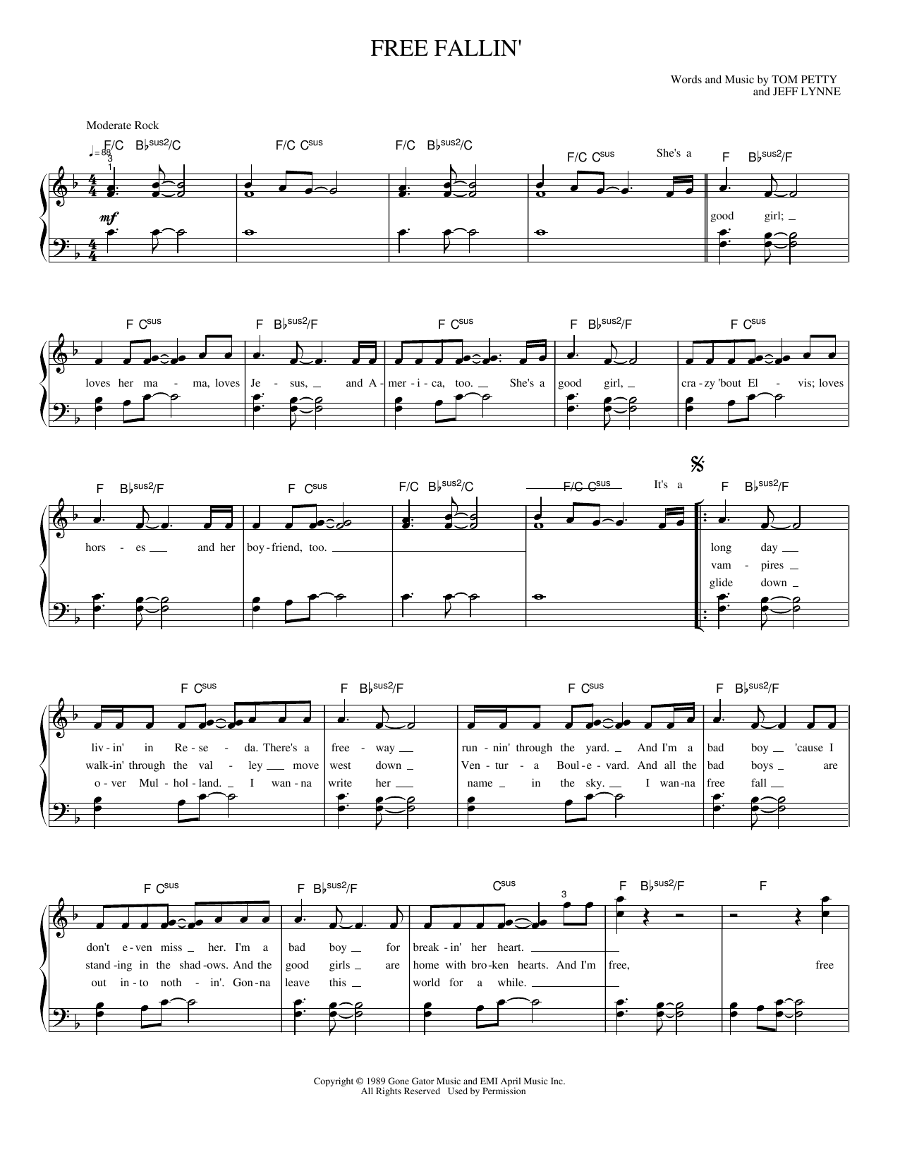 Download Jeff Lynne Free Fallin' Sheet Music and learn how to play Piano, Vocal & Guitar Chords (Right-Hand Melody) PDF digital score in minutes