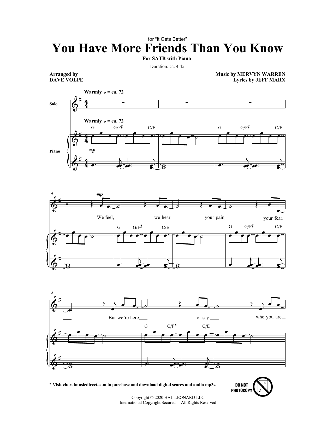 Download Jeff Marx and Mervyn Warren You Have More Friends Than You Know (arr. Dave Volpe) Sheet Music and learn how to play SATB Choir PDF digital score in minutes