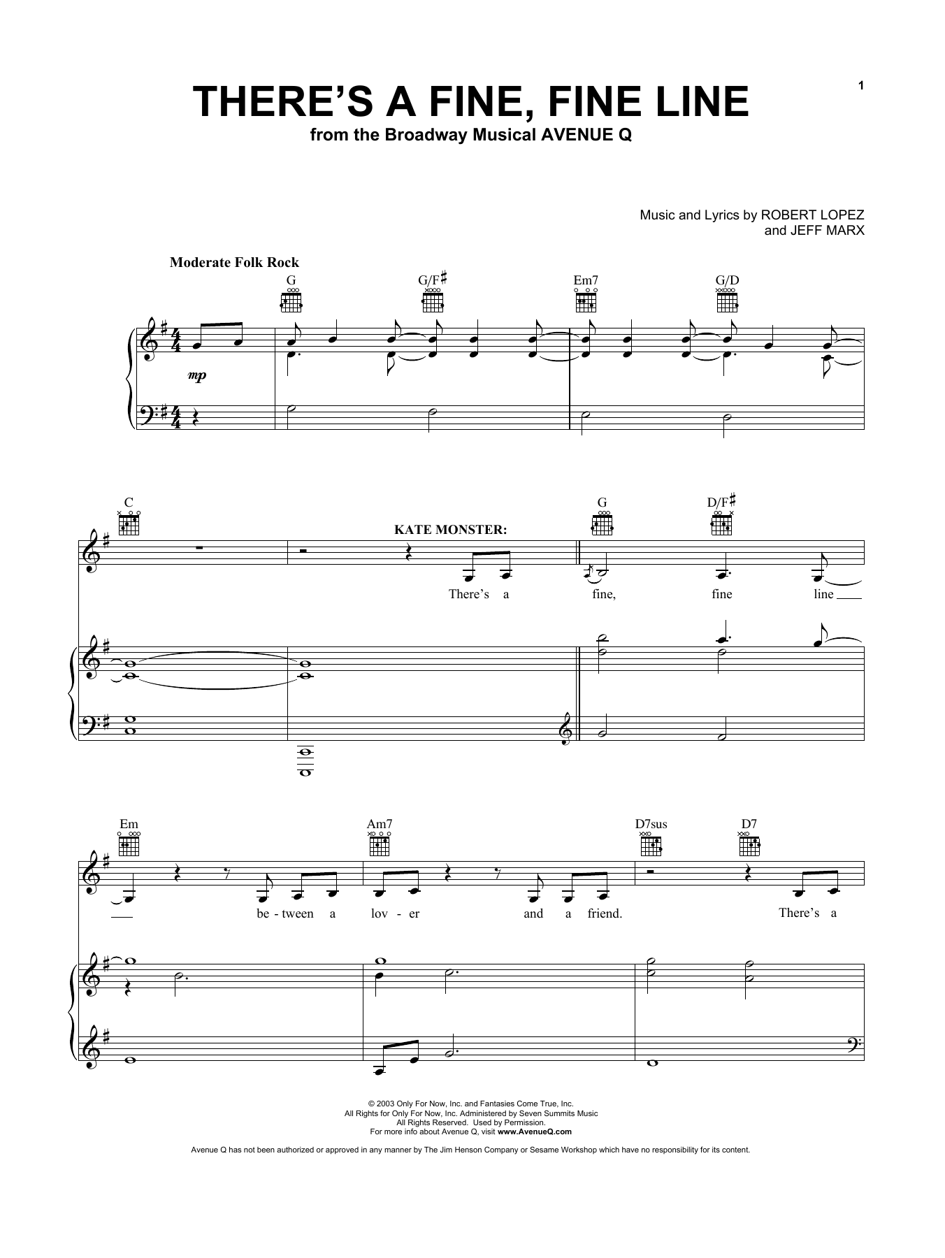 Download Jeff Marx and Robert Lopez There's A Fine, Fine Line (from Avenue Q) Sheet Music and learn how to play Vocal Pro + Piano/Guitar PDF digital score in minutes