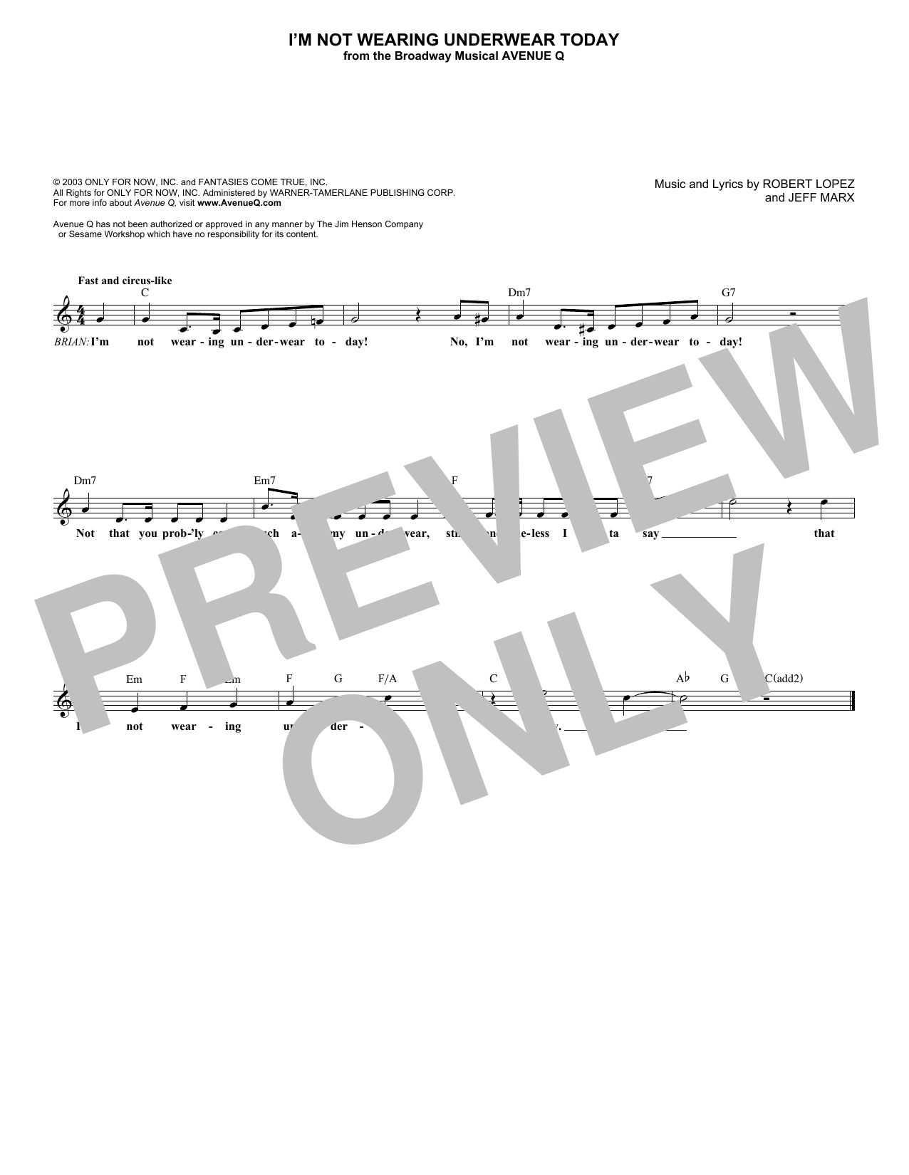 Download Jeff Marx I'm Not Wearing Underwear Today Sheet Music and learn how to play Melody Line, Lyrics & Chords PDF digital score in minutes