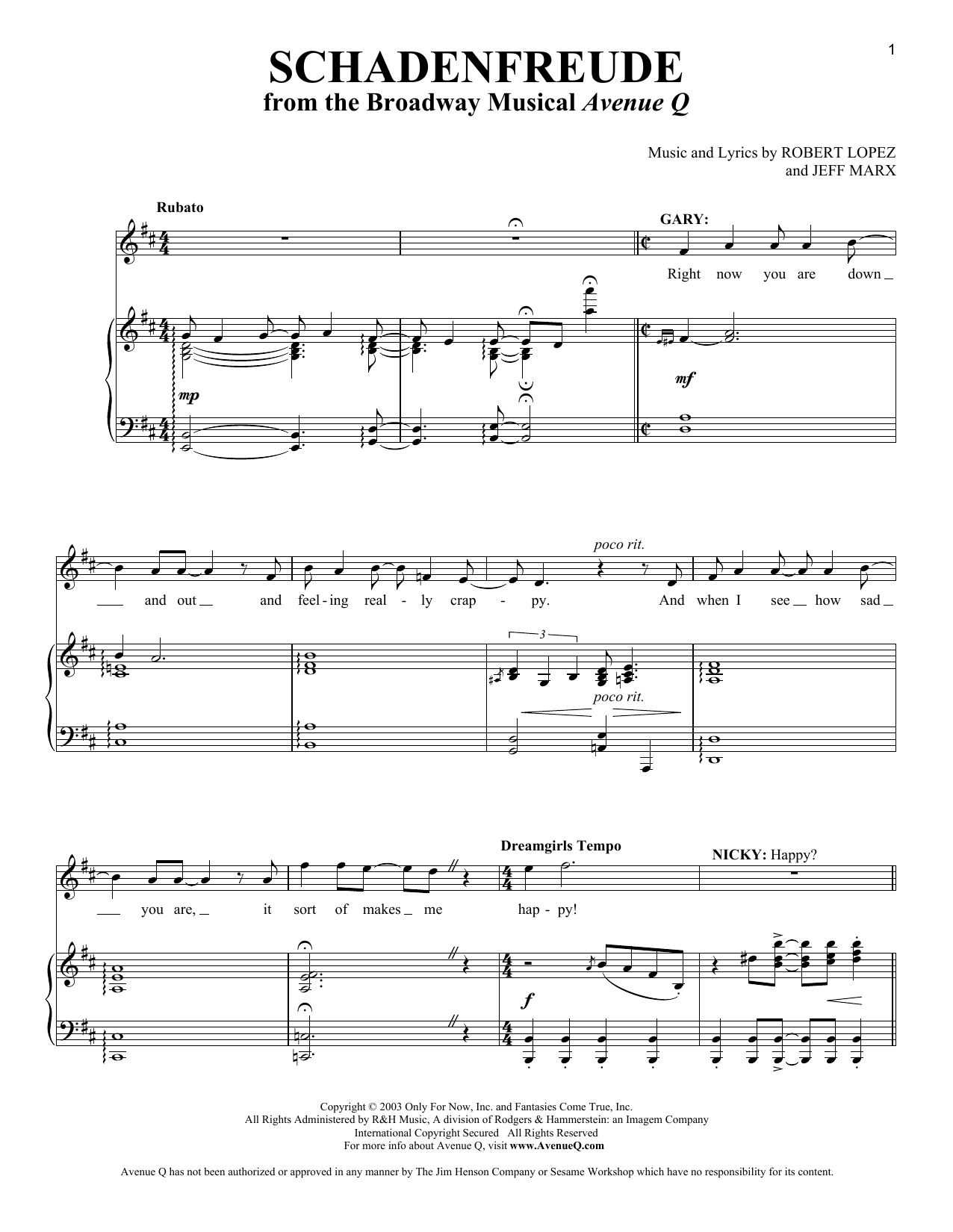 Download Jeff Marx Schadenfreude Sheet Music and learn how to play Vocal Duet PDF digital score in minutes