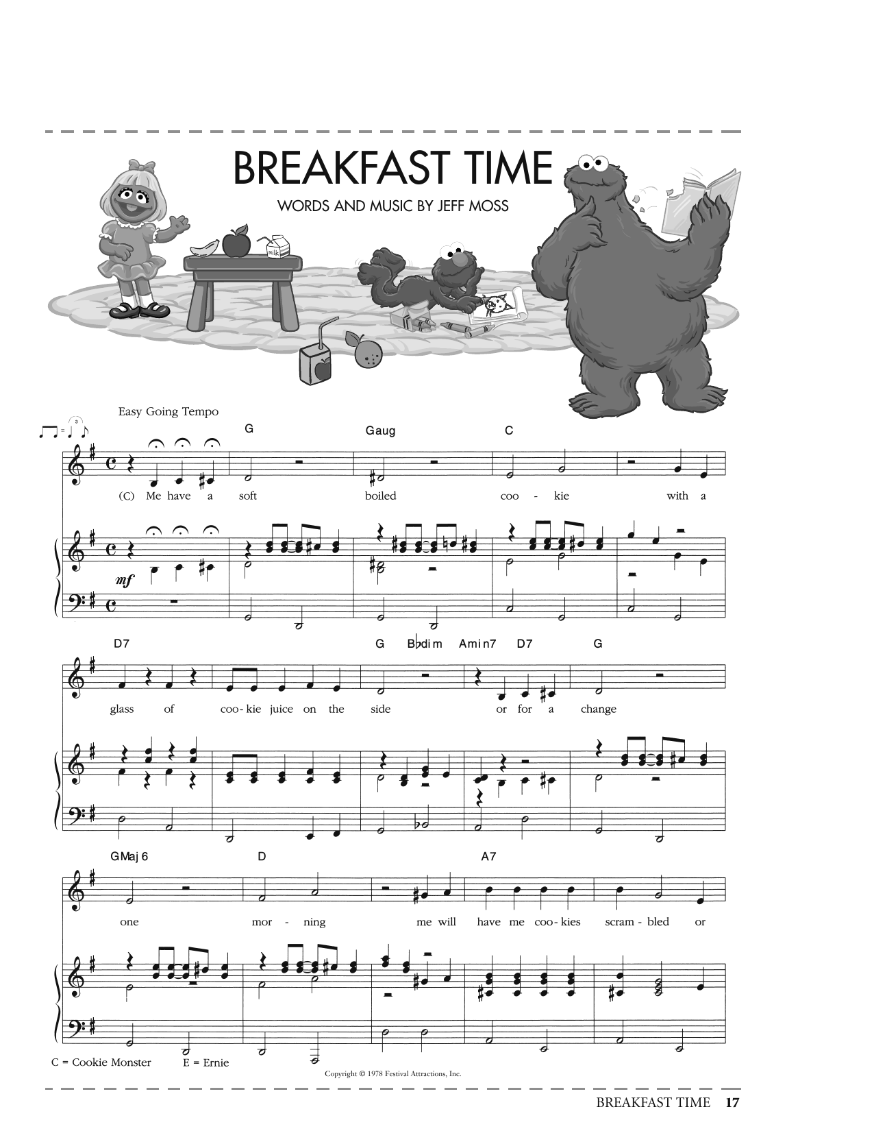 Download Jeff Moss Breakfast Time (from Sesame Street) Sheet Music and learn how to play Piano, Vocal & Guitar Chords (Right-Hand Melody) PDF digital score in minutes