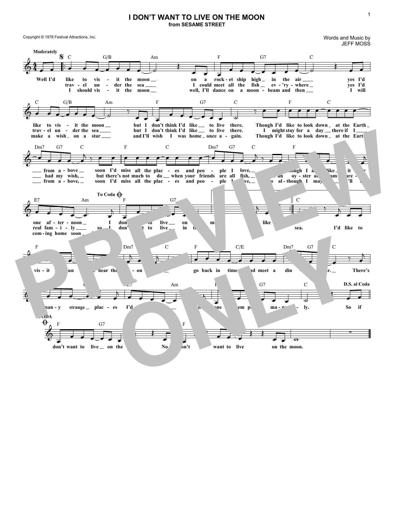 Download Jeff Moss I Don't Want To Live On The Moon (from Sesame Street) Sheet Music and learn how to play Lead Sheet / Fake Book PDF digital score in minutes