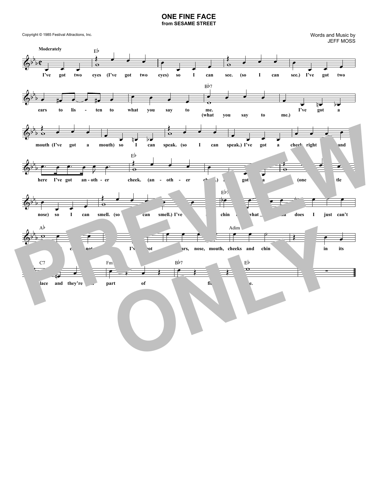 Download Jeff Moss One Fine Face (from Sesame Street) Sheet Music and learn how to play Piano, Vocal & Guitar Chords (Right-Hand Melody) PDF digital score in minutes