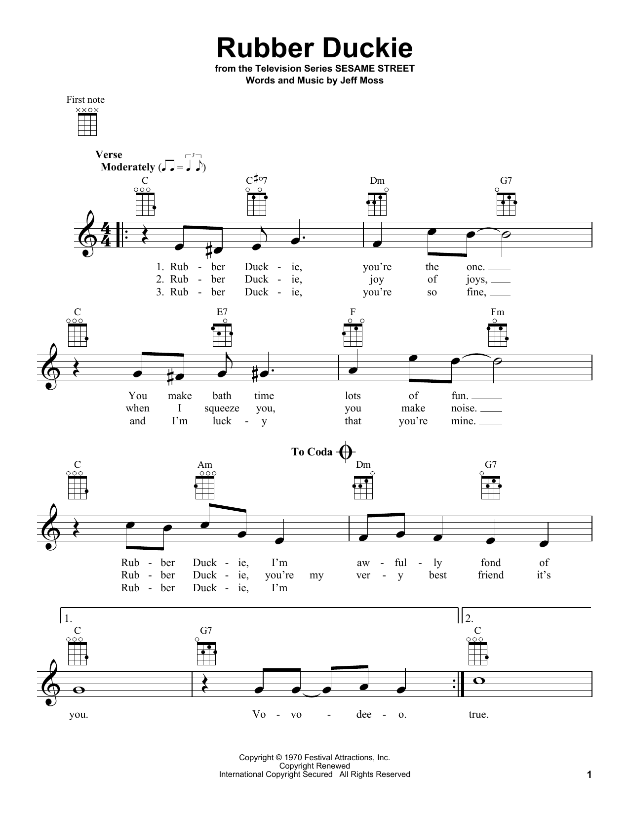 Download Jeff Moss Rubber Duckie (from Sesame Street) Sheet Music and learn how to play Ukulele PDF digital score in minutes
