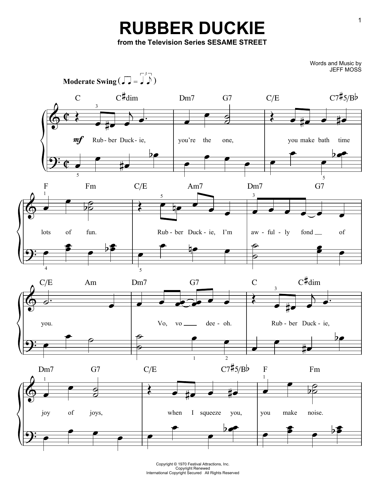 Download Jeff Moss Rubber Duckie Sheet Music and learn how to play Melody Line, Lyrics & Chords PDF digital score in minutes