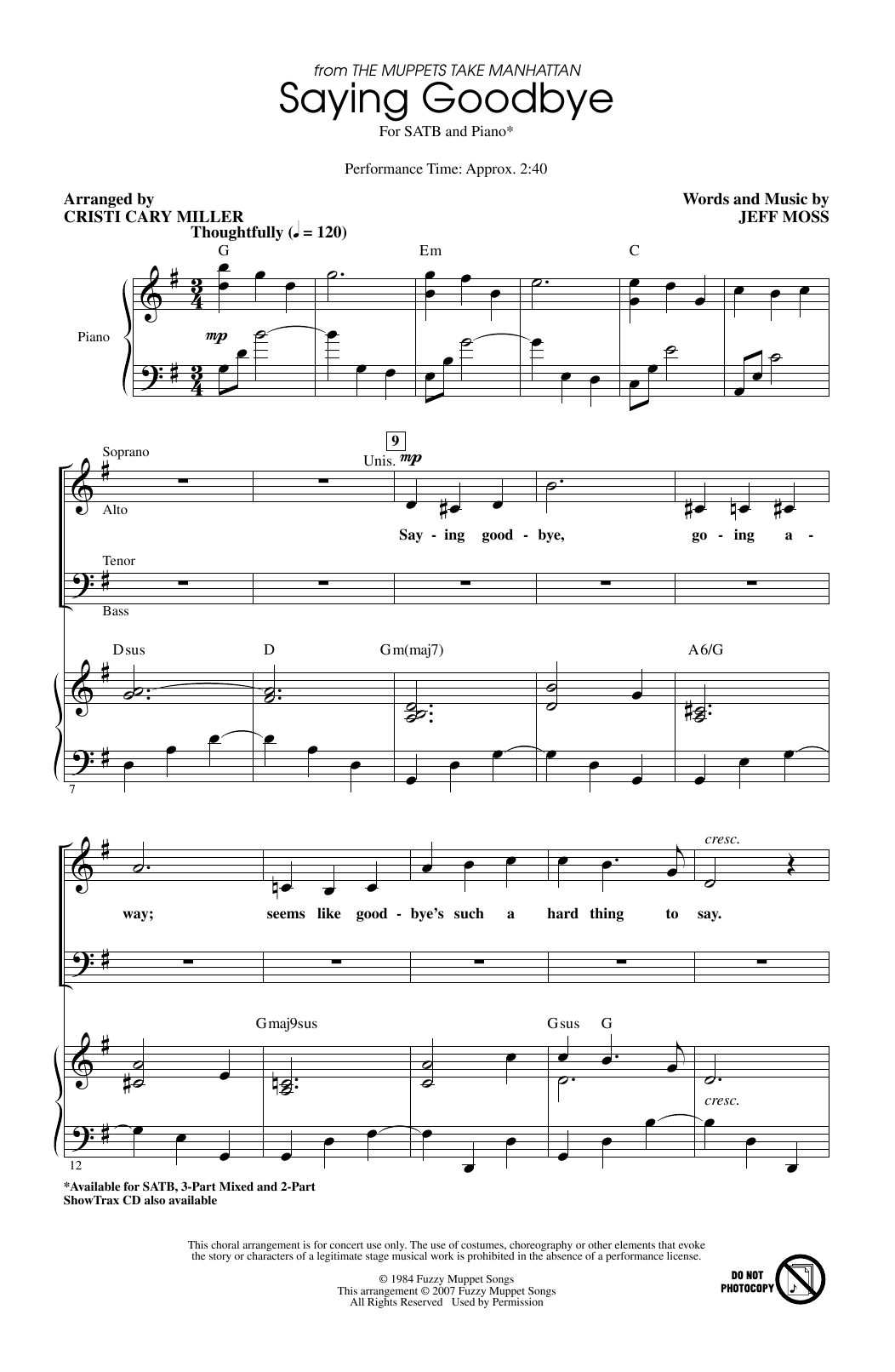 Download Jeff Moss Saying Goodbye (from The Muppets Take Manhattan) (arr. Cristi Cary Miller) Sheet Music and learn how to play 3-Part Mixed Choir PDF digital score in minutes