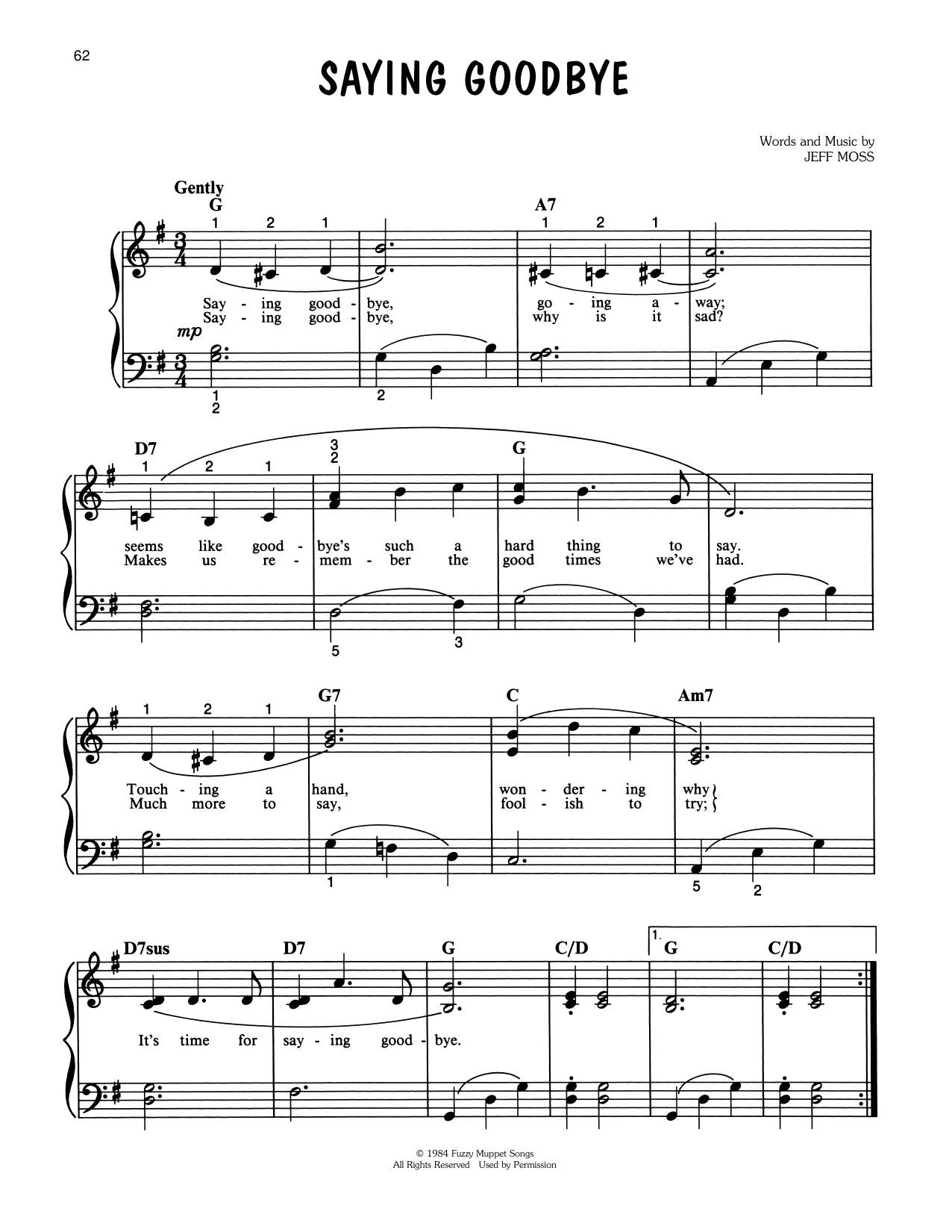 Download Jeff Moss Saying Goodbye (from The Muppets Take Manhattan) Sheet Music and learn how to play Piano, Vocal & Guitar Chords (Right-Hand Melody) PDF digital score in minutes