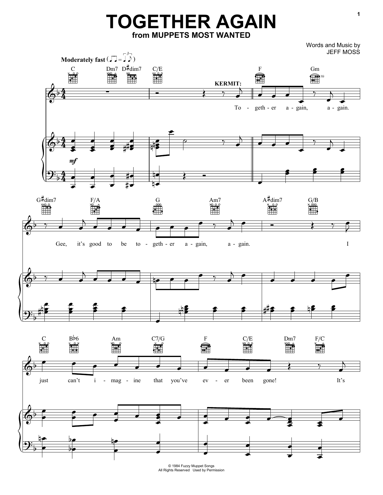 Download Jeff Moss Together Again Sheet Music and learn how to play Piano, Vocal & Guitar (Right-Hand Melody) PDF digital score in minutes