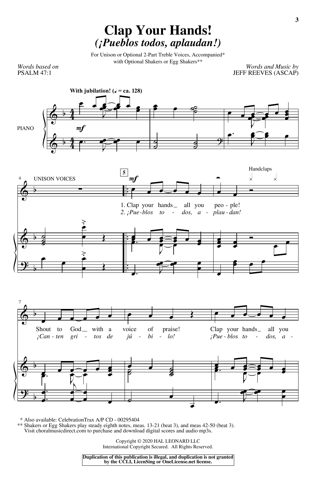 Download Jeff Reeves Clap Your Hands! (Pueblo todos, aplaudan!) Sheet Music and learn how to play Unison Choir PDF digital score in minutes